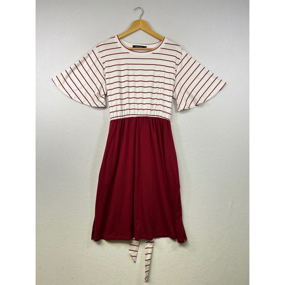 MEROKETY Dresses & Skirts - MEROKETY Striped Tunic Dress Burgundy White Flutter Sleeve Elastic Waist Midi